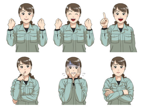 A set of various facial expressions of a female maintenance staff