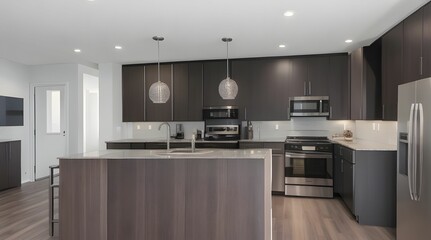 Kitchen in new luxury home with quartz waterfall island, hardwood floors, dark wood cabinets, and stainless steel appliances.