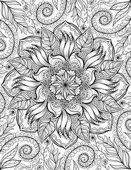 Ornamental mandala design coloring book page, black outline, Indian, Arabic, ethnic motif for decor