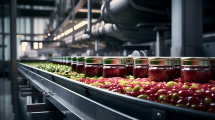 A busy food canning factory, with conveyor belts filling and sealing cans of vegetables without humans