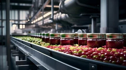 Gordijnen A busy food canning factory, with conveyor belts filling and sealing cans of vegetables without humans © Textures & Patterns