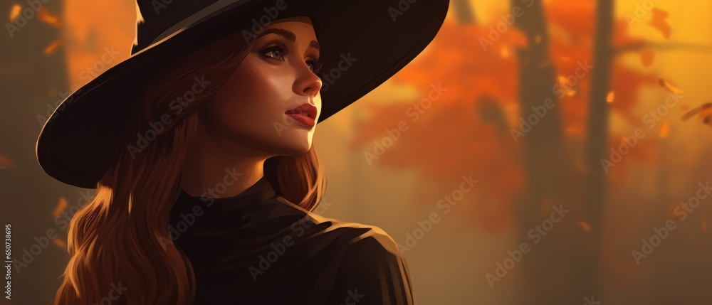 Wall mural magic gothic enchanted beautiful witch woman evil fairy girl magician wearing dress and hat in happy