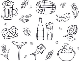 Set of beer and snacks doodles isolated on white. Brewery in sketch style. Vector illustration