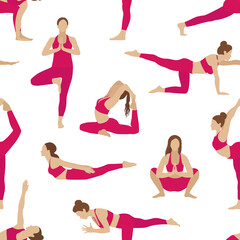 Obraz na płótnie Canvas Vector seamless pattern with woman doing yoga poses. Seamless design with woman yoga