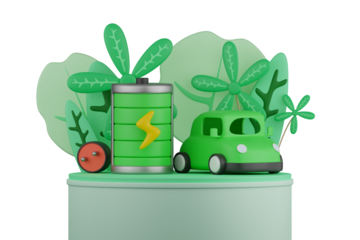 3D rendering Future energy saving Electric car parked next to battery with charger There is a tree behind the concept. Energy and environment