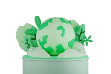 3D rendering of a green globe placed in front of various leaves. Concept of future environmental conservation