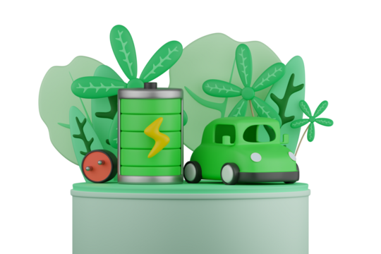 3D rendering Future energy saving Electric car parked next to battery with charger There is a tree behind the concept. Energy and environment