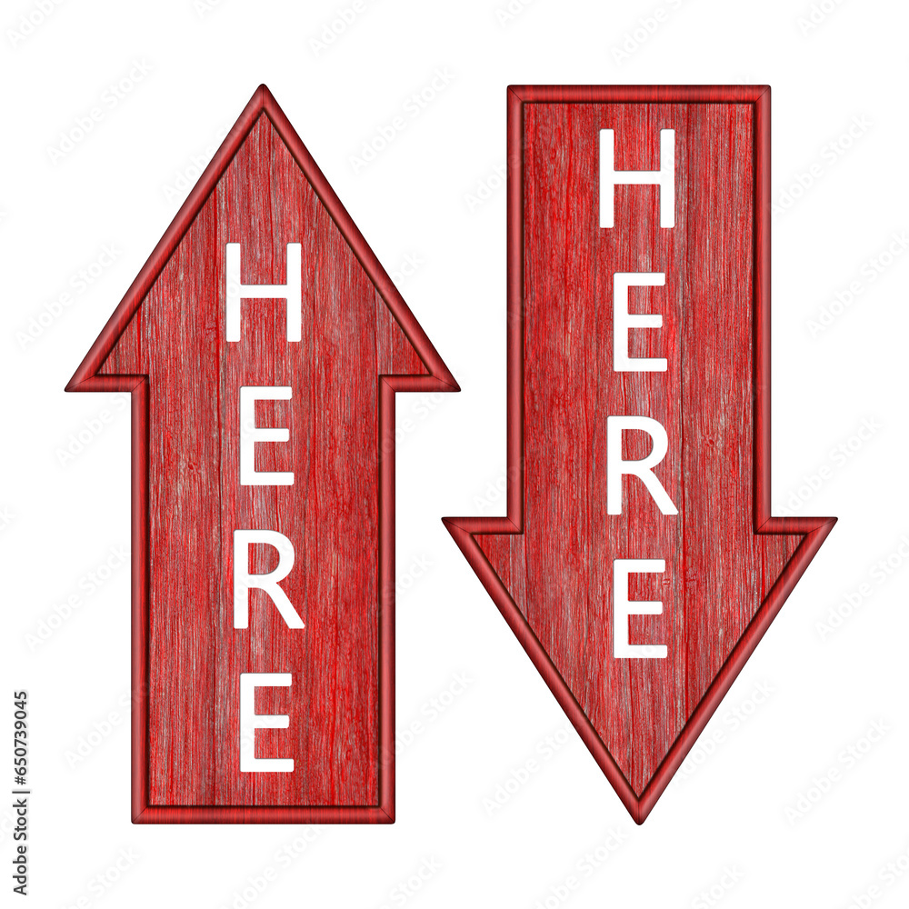 Poster red arrow. set of arrows with the inscription here. wooden pointer in the shape of an arrow isolated