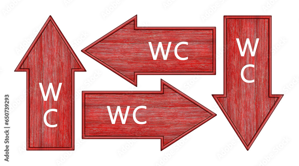 Poster red arrow. set of arrows with wc inscription. wooden pointer in the shape of an arrow isolated on a 