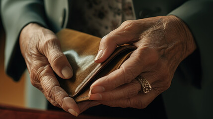 An elderly person hands holding an empty wallet - obrazy, fototapety, plakaty