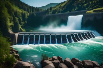 a hydroelectric dam producing renewable energy from moving water, with a waterfall in the distance. 