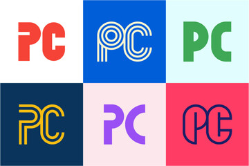 Set of letter PC logos. Abstract logos collection with letters. Geometrical abstract logos