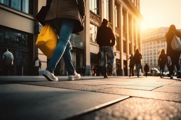 Foto op Plexiglas scène de rue prise au ras du sol, personnes marchant dans la rue d'une ville moderne avec bâtiment moderne © Sébastien Jouve