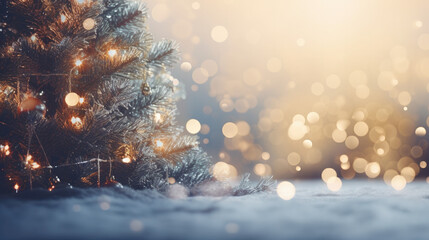 Winter Wonderland: Christmas Tree, Ornaments, and Snow in Festive Background Design