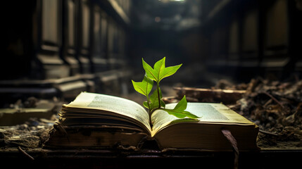 Green shoots growing out of an open book with ruined buildings in the background