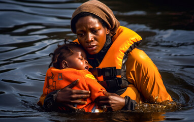 A refugee african black mother protect her son in the water of mediterranean sea