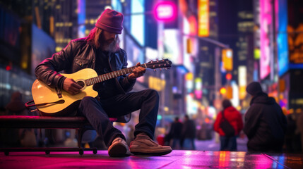 Man, playing guitar, Times Square, music, performance, city, entertainment, instrument, crowd, urban