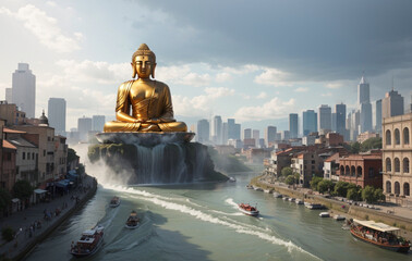River along the city and Buddha. Culture and religion concept illustration.