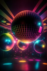 disco balls in the air reflecting neon lights and laser no ceiling only disco balls 