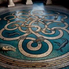 floor mosaic of seven intertwined snakes in a large hall with small waterfalls at the edge 