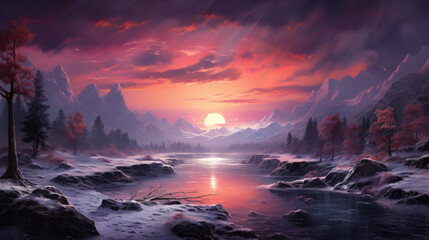 creative illustration of a rising moon shining brightly over a winter landscape