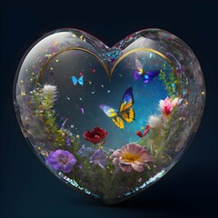 beautiful heart of glass filled with love flowers and butterflies highly detailed 64k reflecting stars insane colours photorealistic 
