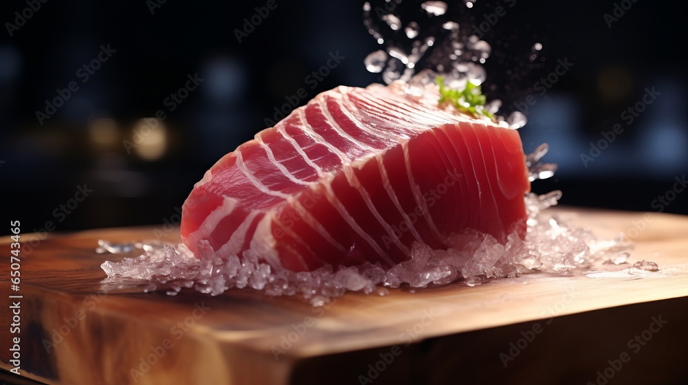 Wall mural A fresh piece of raw tuna on a wooden cutting board