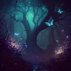 Forest with magical creatures fairies and fireflies Dancing under the full moon foggy mystic volumetric lightning intricate filigree colorful high resolution high quality sparkling 8k 