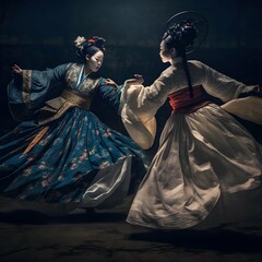 battle between a chinese womanwearing hanfu and a korean woman wearing hanbok acient scene under moonlight ming dynasty dark theme Depth of Field Hyper Detailed Beautiful Color Coded Insane Details 