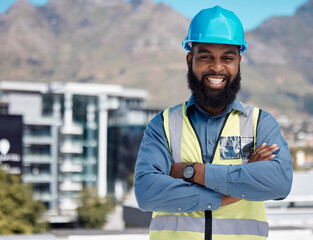 Man, engineering portrait and arms crossed for city construction, project management or outdoor building design. Happy face of african worker in architecture, urban development or property leadership
