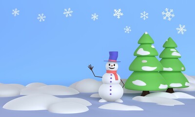 Merry Christmas concept. Cute snowman, snowy Christmas trees and snowflakes around. 3d rendering