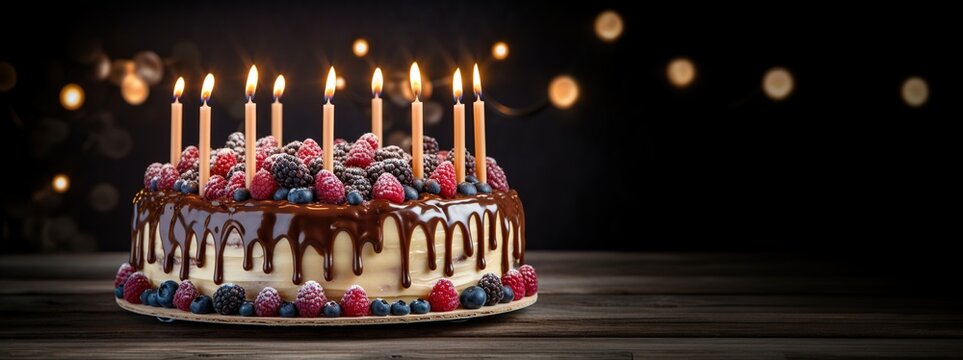 Generative AI, Birthday beautiful cake with fruit and candles, banner for congratulations
