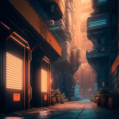 Scifi cyberpunk street factory complex with machinery and warehouses hyper realistic Cinematic Color Grading Editorial Photography Photography octane render raytracing 3d masterpiece fantastic 