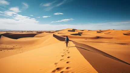 Gordijnen Individual trekking through vast desert landscape, feeling the solitude amidst endless sand dunes © Tyler McCormick