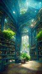 library interior a photorealistic magical ancient library from a distance vines universe 4k book waterfall Blue Chinese Wisteria Trees blue flowers 