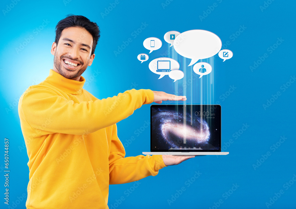 Poster Laptop, social media icon and portrait of Asian man in studio for internet chat, website or networking. Overlay, computer mockup and person for online communication or connection on blue background