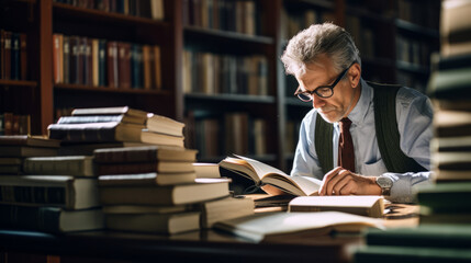 Knowledgeable professor engrossed in reading books amidst the quiet ambiance of a library - obrazy, fototapety, plakaty