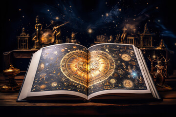 An open book rests on a table, displaying a page about astrology and zodiac signs, often consulted for insights into luck and destiny