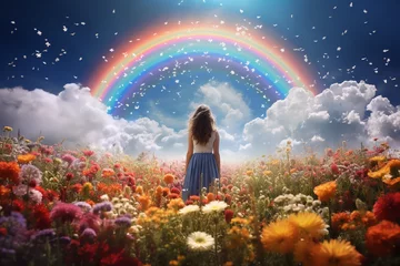 Fotobehang A bright rainbow arcs down into a field of blooming flowers, giving the impression of a mythical pot of gold © Davivd