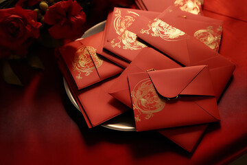 Chinese red envelopes filled with money are placed on a Lunar New Year table, believed to bring good luck and prosperity - obrazy, fototapety, plakaty
