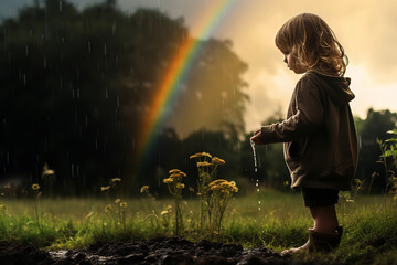  A young girl stands in awe as they spot a rainbow appearing in the sky right after a rain shower, a symbol of hope and good luck - Powered by Adobe