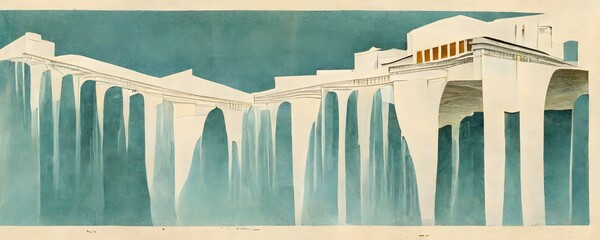 environment art deco white palace by the sea surrounded by waterfalls stone bridges with tall supporting columns white light bright scenery woodcut blueprint 