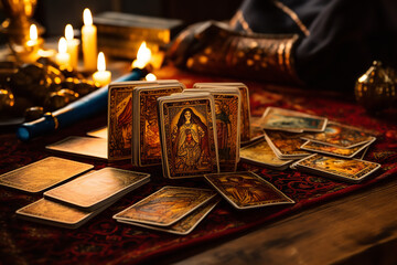 An arrangement of Tarot cards spread out on a dark velvet table, each card suggesting different aspects of fate or luck - obrazy, fototapety, plakaty