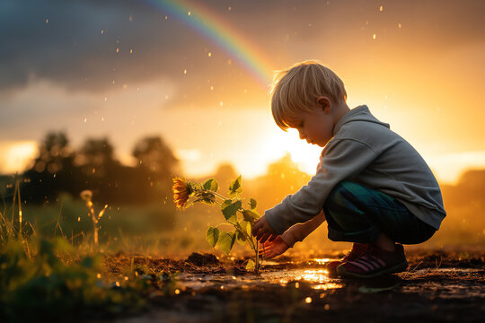  A young child stands in awe as they spot a rainbow appearing in the sky right after a rain shower, a symbol of hope and good luck