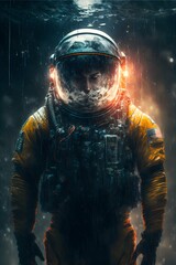 epic painting of an astronaut standing in the rain in dark water up to his hipsthe front glass on his helmet is black and has visible cracks on ithe is looking at the camera scifi 8k 