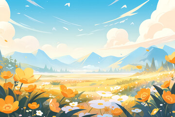 Fototapeta na wymiar Beautiful landscape with meadow and mountains in the background illustration.