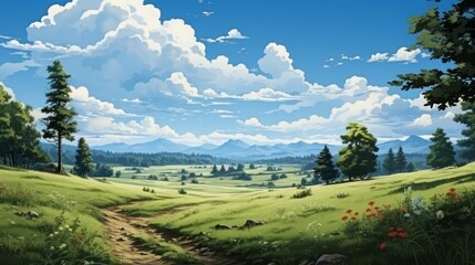 Fototapeta premium Realistic photo a large field with a lawn in the distance