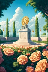bitcoin in a rose garden sunny day beautiful weather serene dreamy 