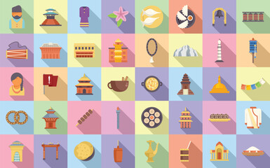 Kathmandu icons set flat vector. Tourism skyline. Architecture ancient