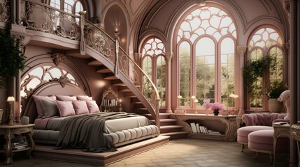 High fantasy princess fancy bedroom with windows